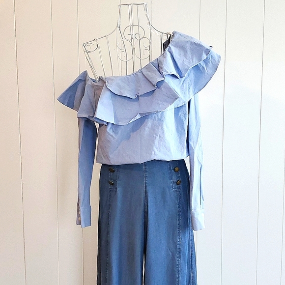 H&M Tops - H&M One Shoulder Ruffle long Sleeve Blouse Pinstripes White Blue Size 12